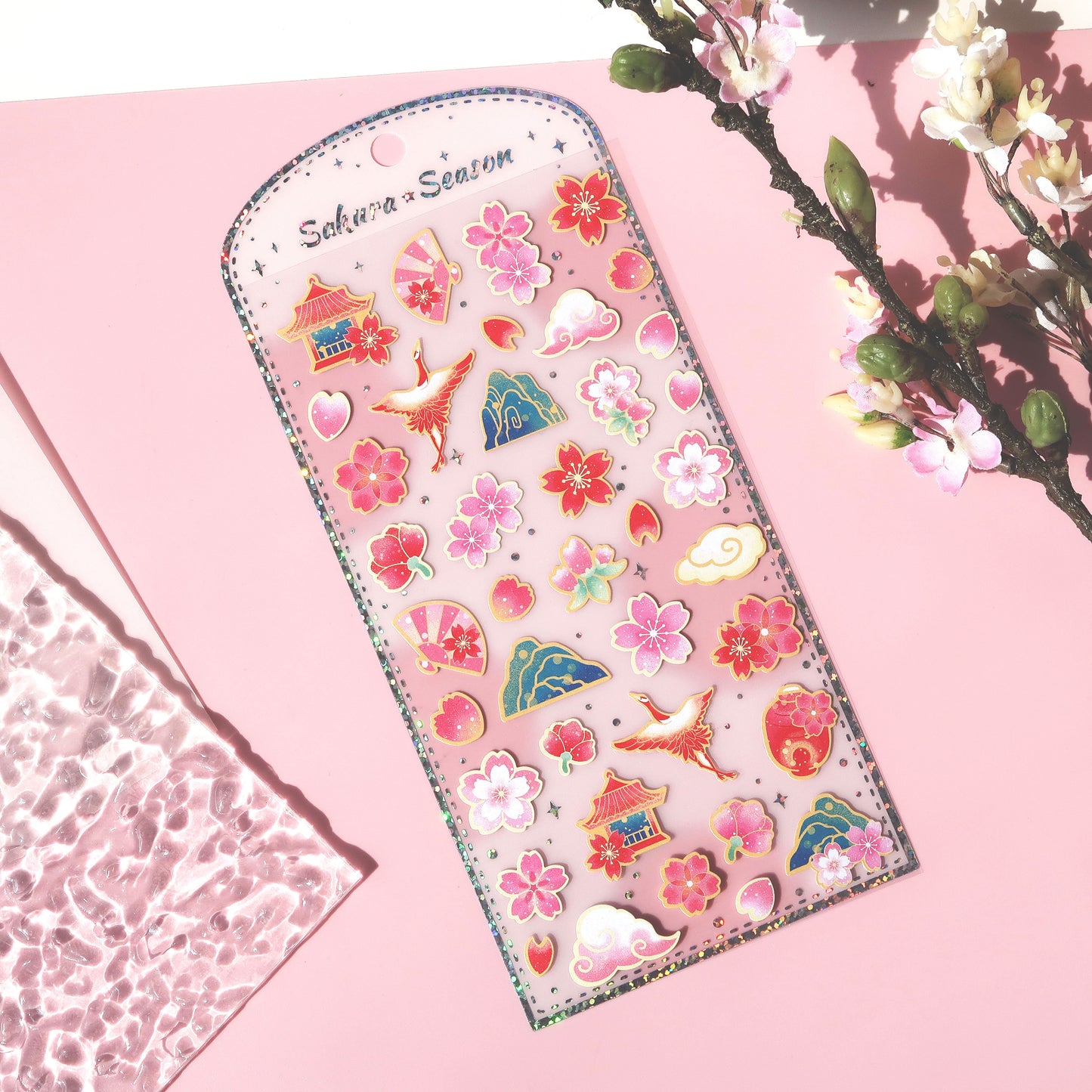 Nekoni Stickers - Sakura Series - Crane and Sakura