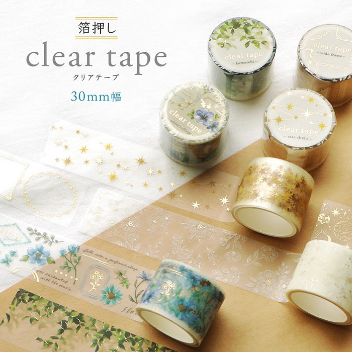 Mind Wave Clear Tape With Foil Stamping - Whity Flower 30mm