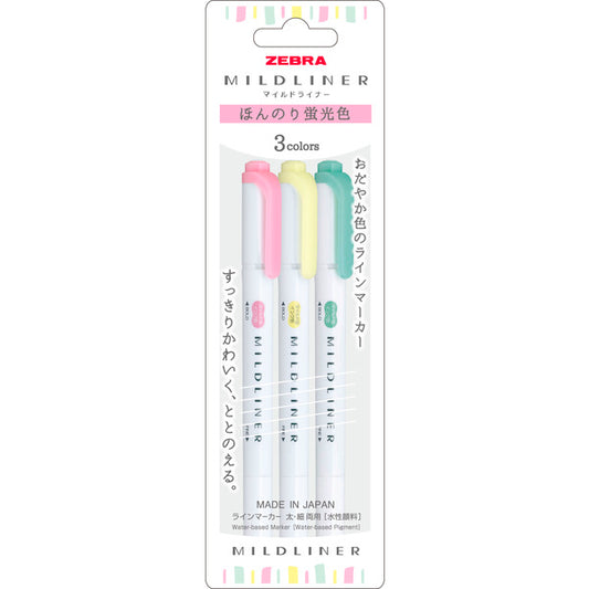 Zebra Mildliner Dual Tip Highlighter - Subtle Fluorescent 3 Color Set